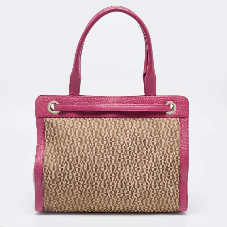 Pre Owned Aigner Dark Pink/Beige Monogram Canvas and Leather Cavallina Tote