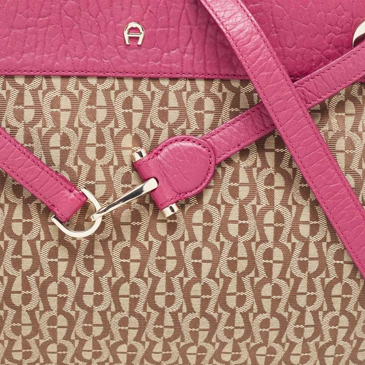 Pre Owned Aigner Dark Pink/Beige Monogram Canvas and Leather Cavallina Tote