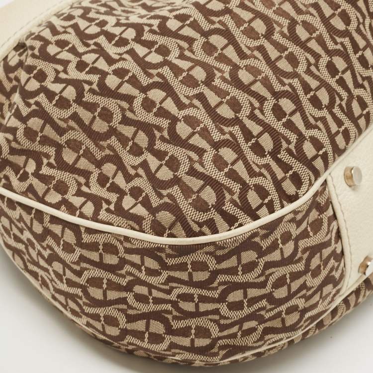 Pre Owned Aigner Off White/Brown Monogram Canvas and Leather Logo Handle Satchel