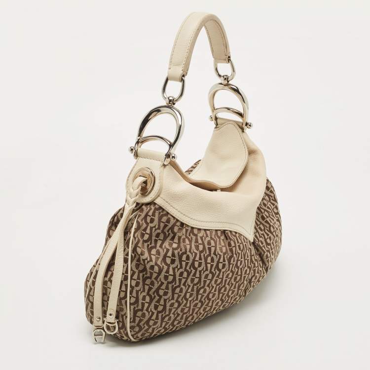 Pre Owned Aigner Off White/Brown Monogram Canvas and Leather Logo Handle Satchel