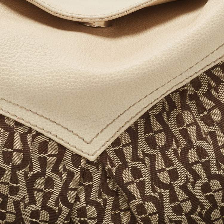 Pre Owned Aigner Off White/Brown Monogram Canvas and Leather Logo Handle Satchel