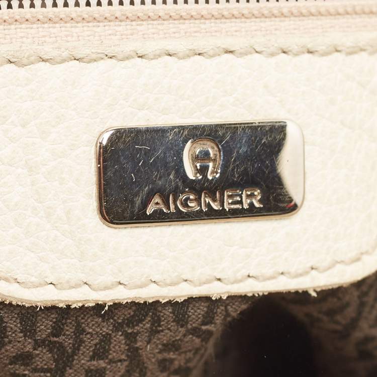 Pre Owned Aigner Off White/Brown Monogram Canvas and Leather Logo Handle Satchel