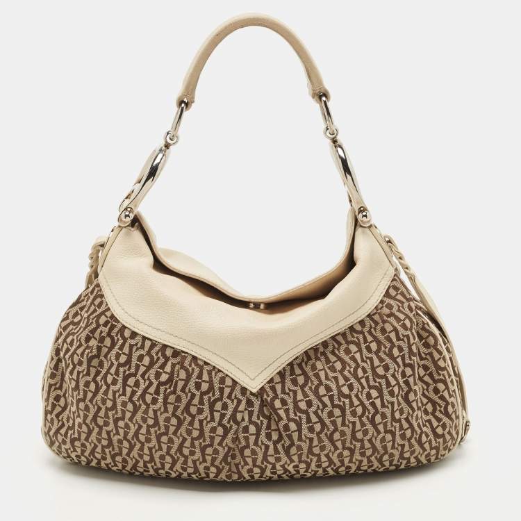 Pre Owned Aigner Off White/Brown Monogram Canvas and Leather Logo Handle Satchel