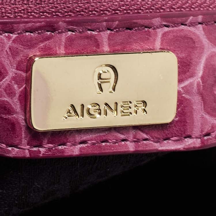 Pre Owned Aigner Pink Croc Embossed Leather Double Zipped Satchel 