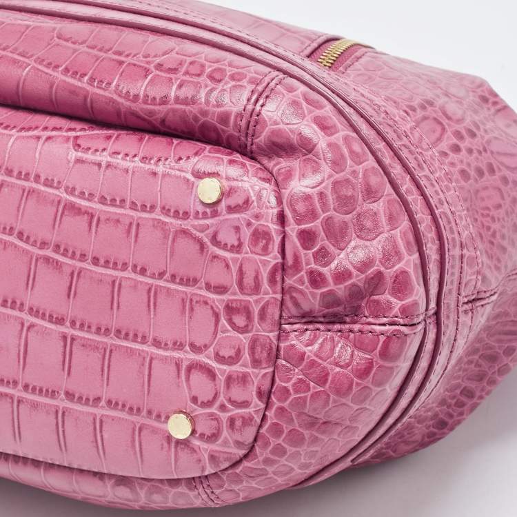 Pre Owned Aigner Pink Croc Embossed Leather Double Zipped Satchel 