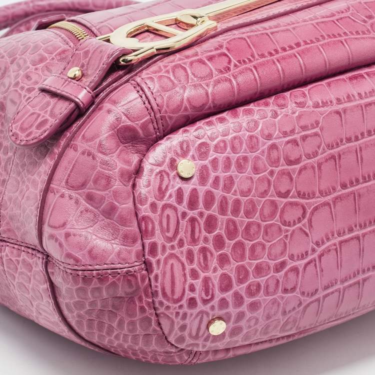 Pre Owned Aigner Pink Croc Embossed Leather Double Zipped Satchel 