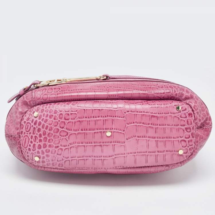 Pre Owned Aigner Pink Croc Embossed Leather Double Zipped Satchel 