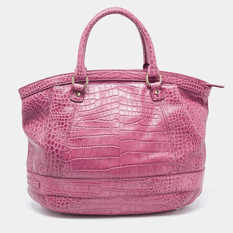 Pre Owned Aigner Pink Croc Embossed Leather Double Zipped Satchel 