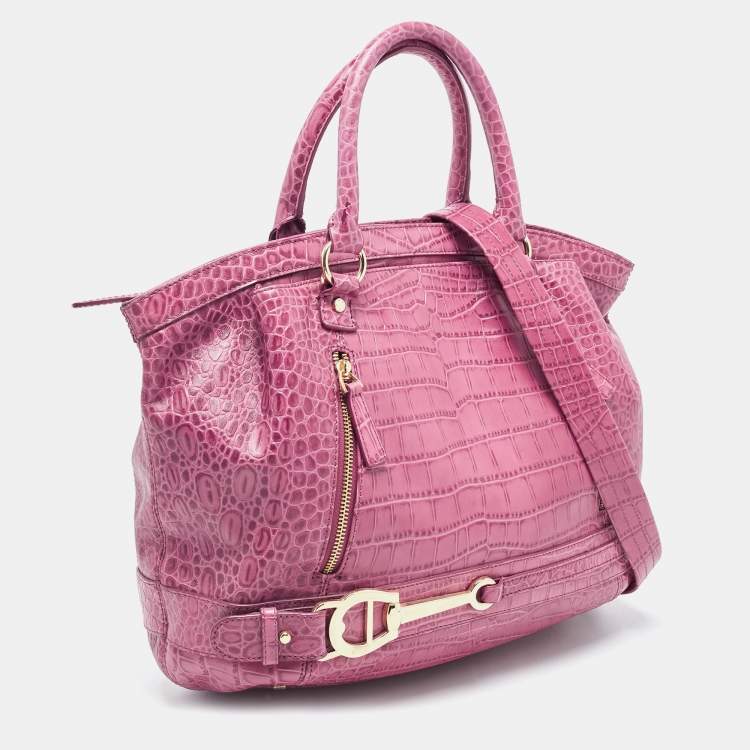 Pre Owned Aigner Pink Croc Embossed Leather Double Zipped Satchel 