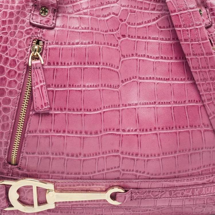 Pre Owned Aigner Pink Croc Embossed Leather Double Zipped Satchel 