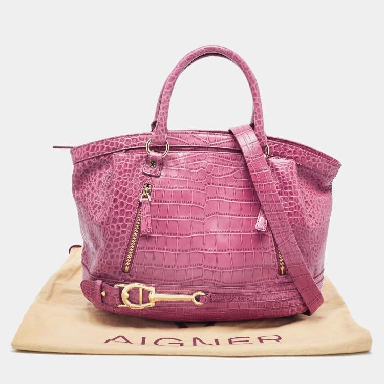 Pre Owned Aigner Pink Croc Embossed Leather Double Zipped Satchel 