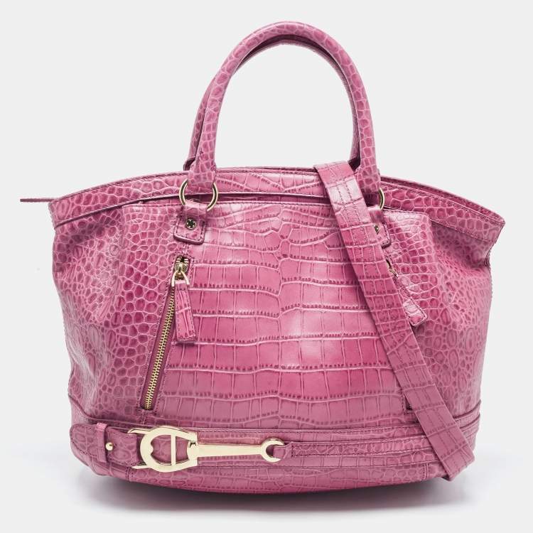 Pre Owned Aigner Pink Croc Embossed Leather Double Zipped Satchel 