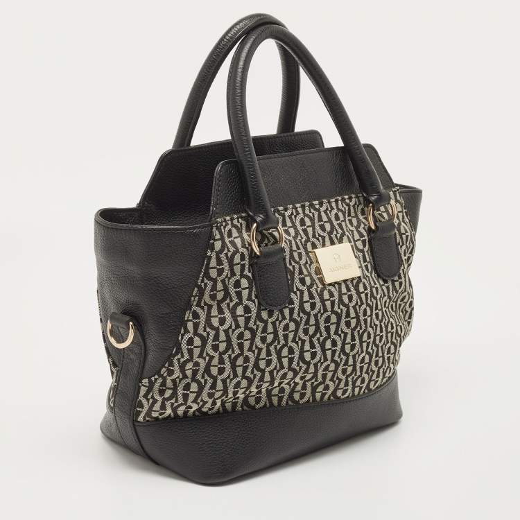 Pre Owned Aigner Black/White Signature Canvas and Leather Logo Satchel