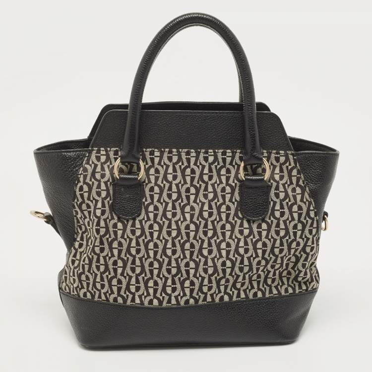 Pre Owned Aigner Black/White Signature Canvas and Leather Logo Satchel