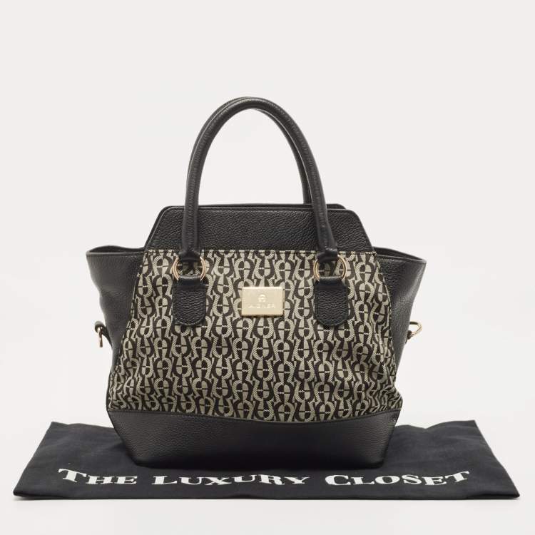Pre Owned Aigner Black/White Signature Canvas and Leather Logo Satchel