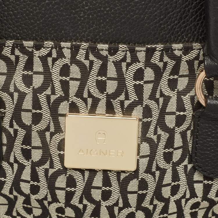 Pre Owned Aigner Black/White Signature Canvas and Leather Logo Satchel