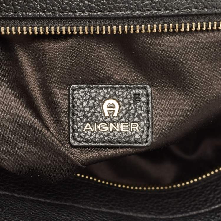 Pre Owned Aigner Black/White Signature Canvas and Leather Logo Satchel