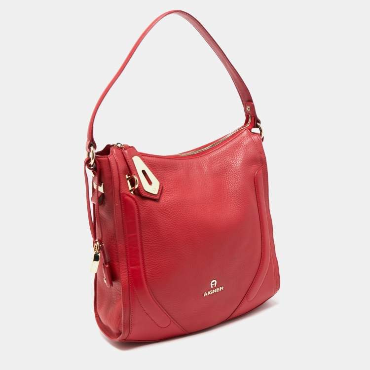 Pre Owned Aigner Red Leather Padlock Zip Hobo 