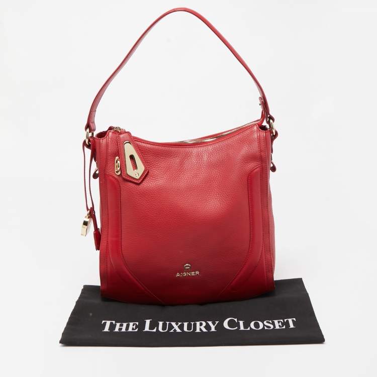 Pre Owned Aigner Red Leather Padlock Zip Hobo 