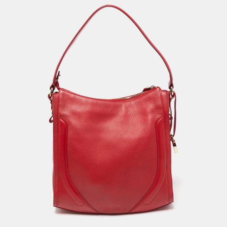 Pre Owned Aigner Red Leather Padlock Zip Hobo 