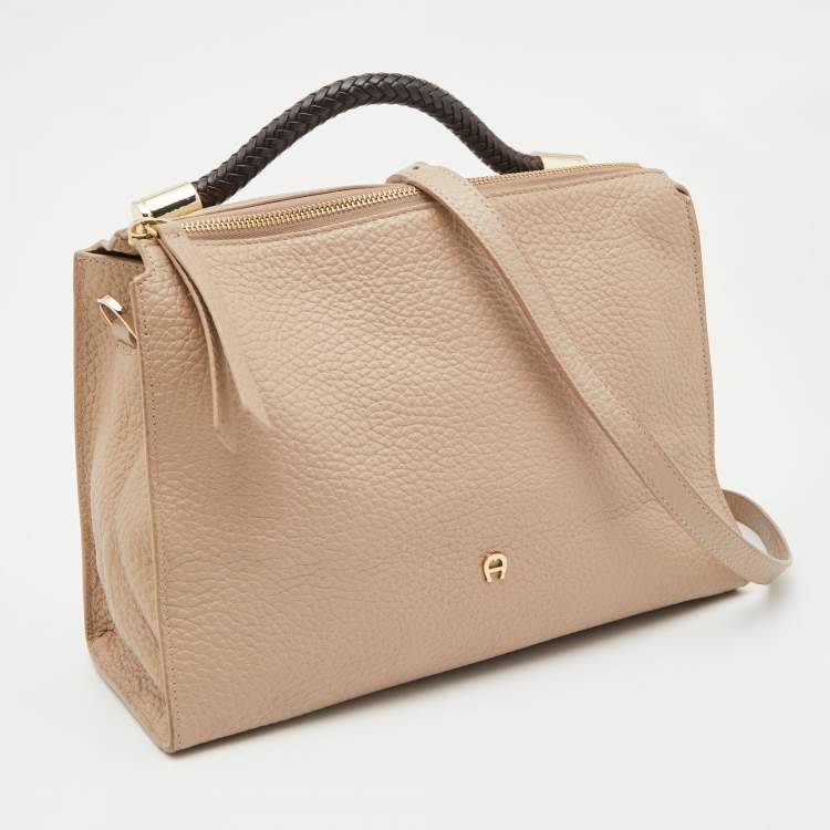 Pre Owned Aigner Beige/Black Leather Braided Top Handle Bag
