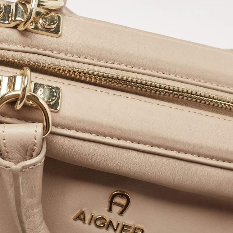 Pre Owned Aigner Taupe Leather Frame Satchel