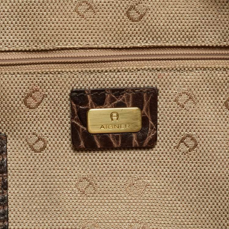 Pre Owned Aigner Brown Croc Embossed Leather Metal Bar Flap Tote