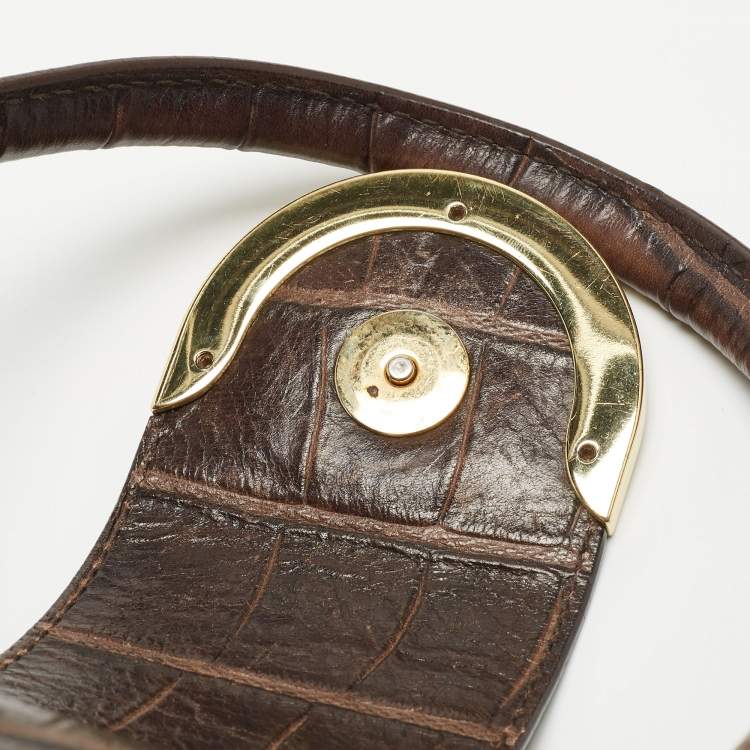 Pre Owned Aigner Brown Croc Embossed Leather Metal Bar Flap Tote