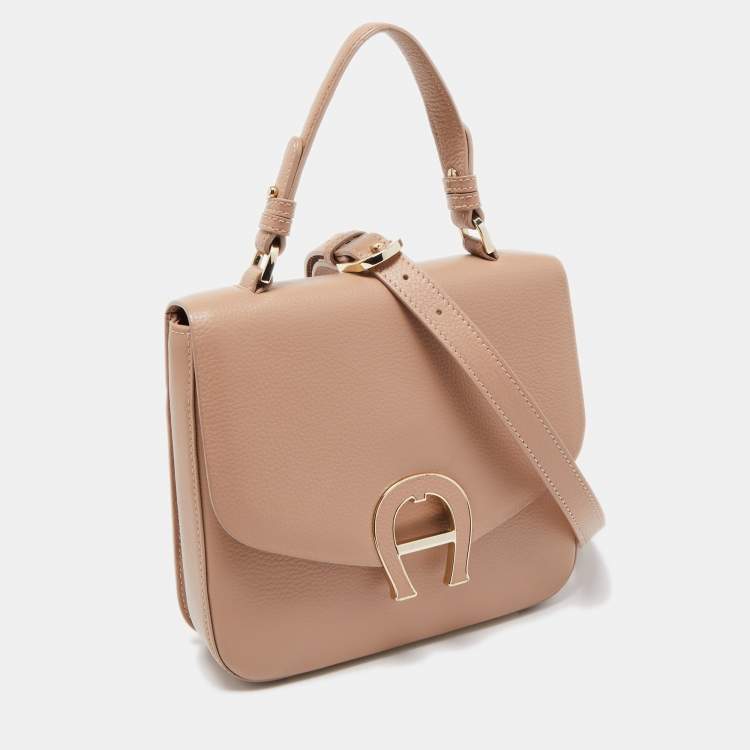 Pre Owned Aigner Nude Leather Logo Flap Top Handle Bag