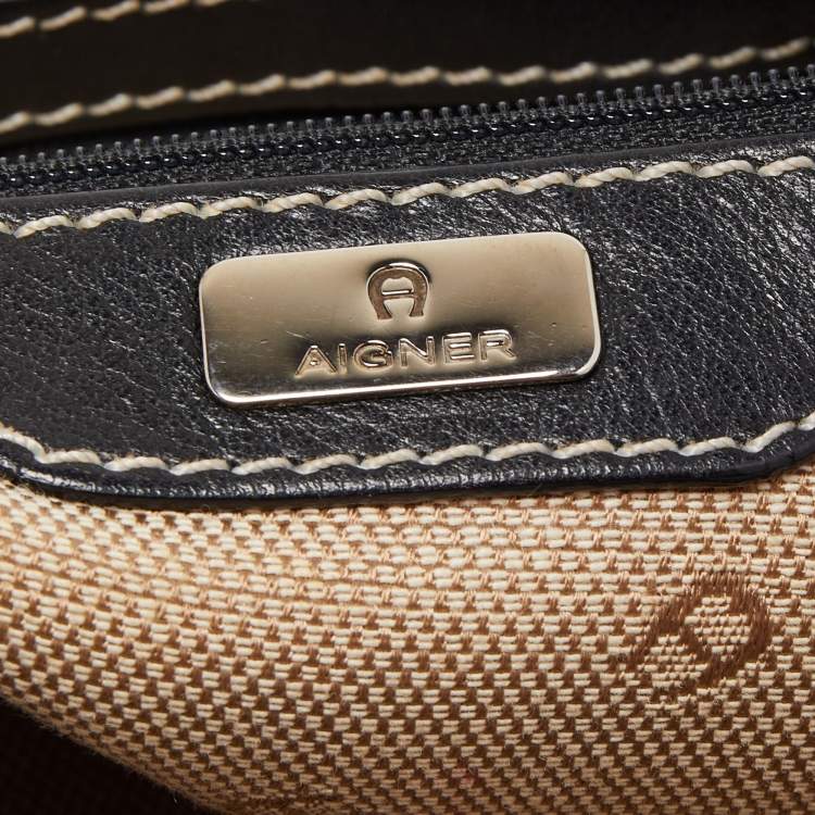 Pre Owned Aigner Black Signature Canvas and Leather Zip Hobo