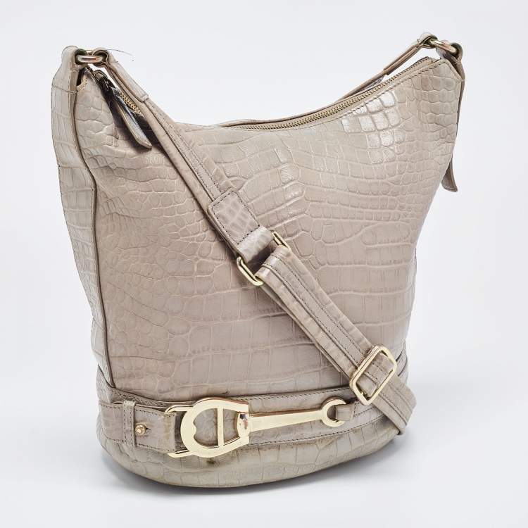 Pre Owned Aigner Grey Croc Embossed Leather Hobo