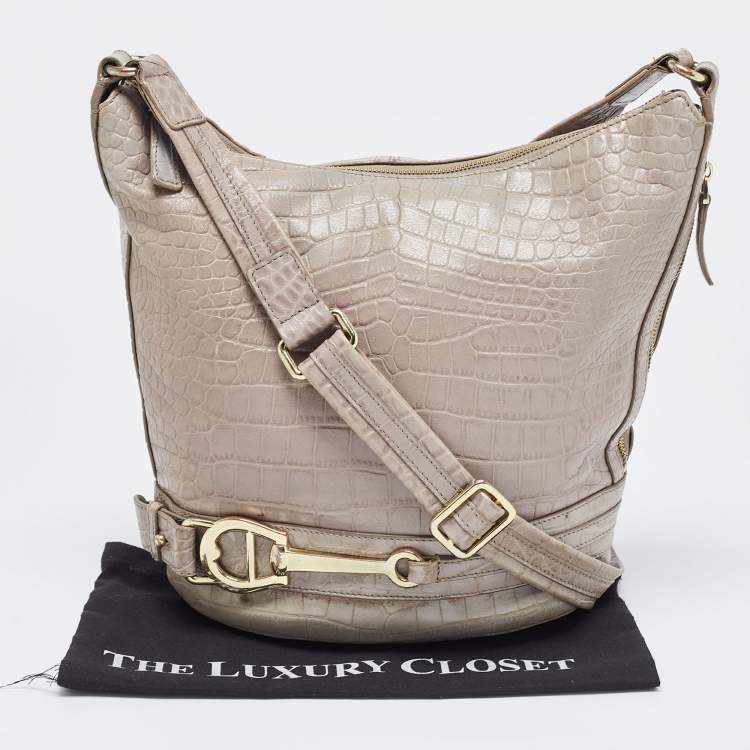 Pre Owned Aigner Grey Croc Embossed Leather Hobo