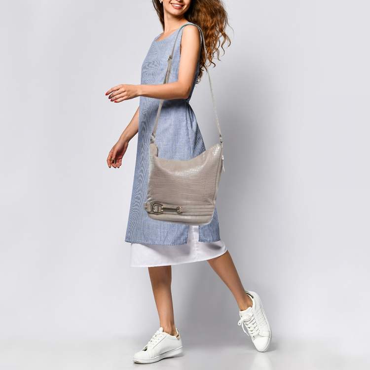 Pre Owned Aigner Grey Croc Embossed Leather Hobo