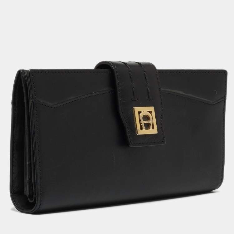 Pre Owned Aigner Black Leather Logo Continental Wallet