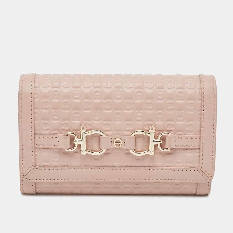 Pre Owned Aigner Pink Logo Embossed Leather Compact Wallet 