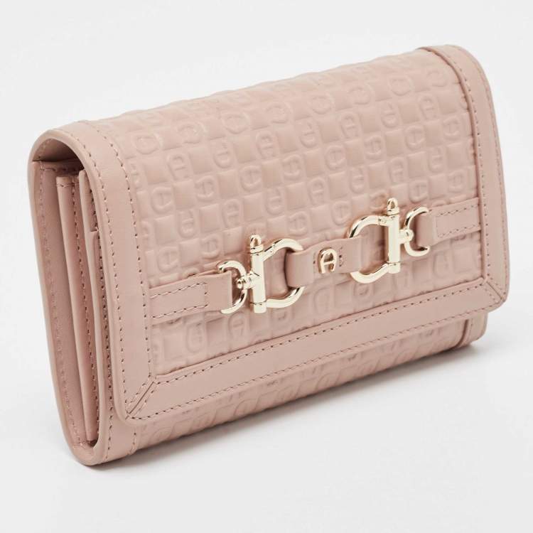 Pre Owned Aigner Pink Logo Embossed Leather Compact Wallet 