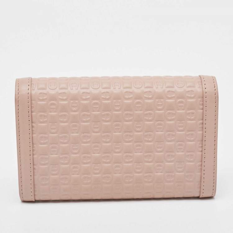 Pre Owned Aigner Pink Logo Embossed Leather Compact Wallet 