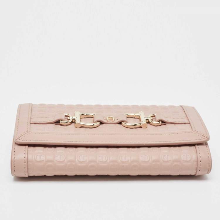 Pre Owned Aigner Pink Logo Embossed Leather Compact Wallet 