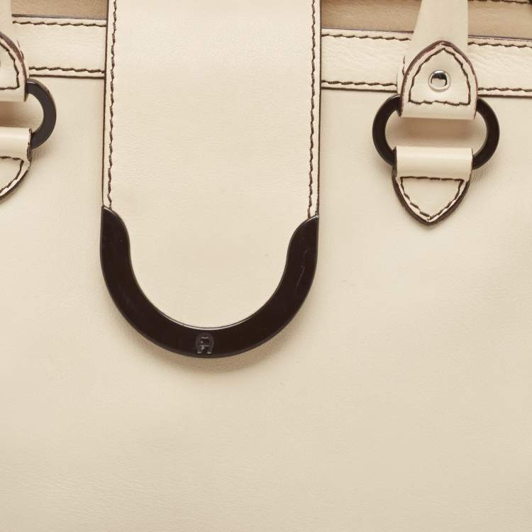 Pre Owned Aigner Light Beige Leather Frame Satchel