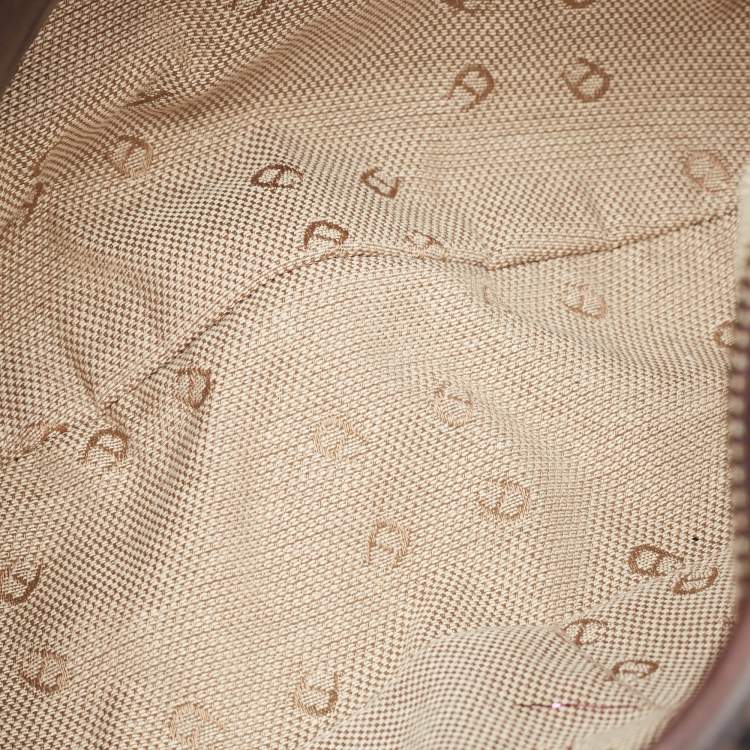 Pre Owned Aigner Dark Brown Monogram Canvas and Leather Buckle Flap Hobo