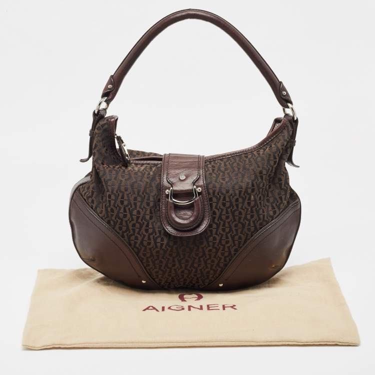 Pre Owned Aigner Dark Brown Monogram Canvas and Leather Buckle Flap Hobo