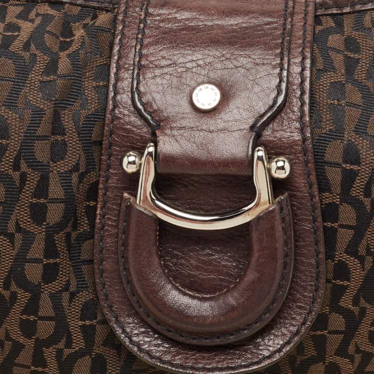 Pre Owned Aigner Dark Brown Monogram Canvas and Leather Buckle Flap Hobo