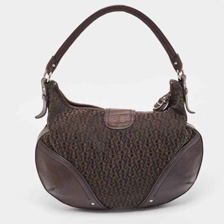 Pre Owned Aigner Dark Brown Monogram Canvas and Leather Buckle Flap Hobo