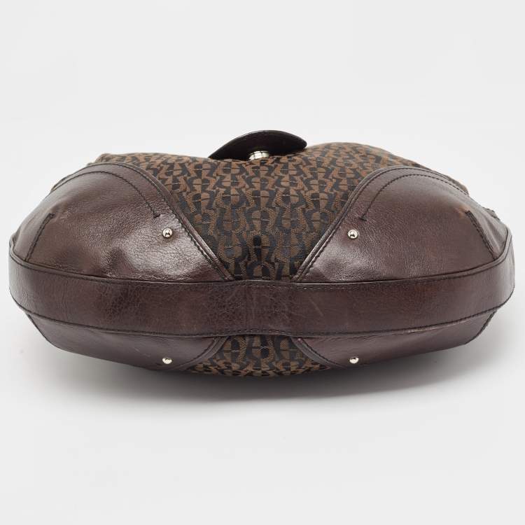 Pre Owned Aigner Dark Brown Monogram Canvas and Leather Buckle Flap Hobo