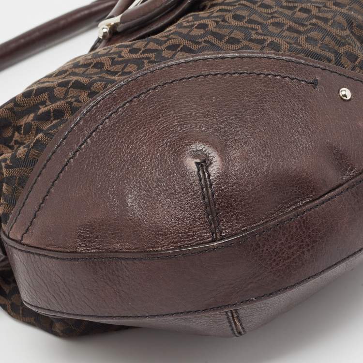 Pre Owned Aigner Dark Brown Monogram Canvas and Leather Buckle Flap Hobo