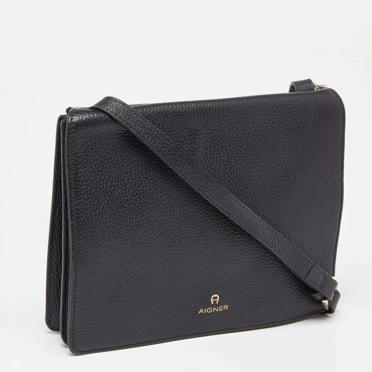 Pre Owned Aigner Black Leather Flap Crossbody Bag