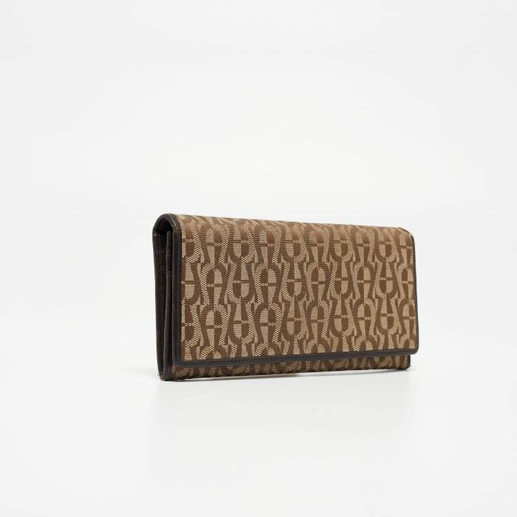 Pre Owned Aigner Beige/Brown Signature Canvas and Leather Flap Continental Wallet