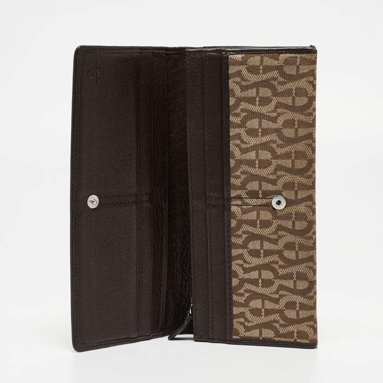 Pre Owned Aigner Beige/Brown Signature Canvas and Leather Flap Continental Wallet