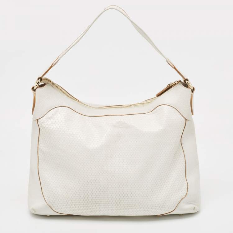 Pre Owned Aigner White Embossed Leather Zip Hobo