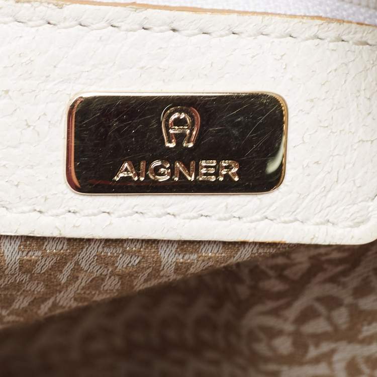Pre Owned Aigner White Embossed Leather Zip Hobo